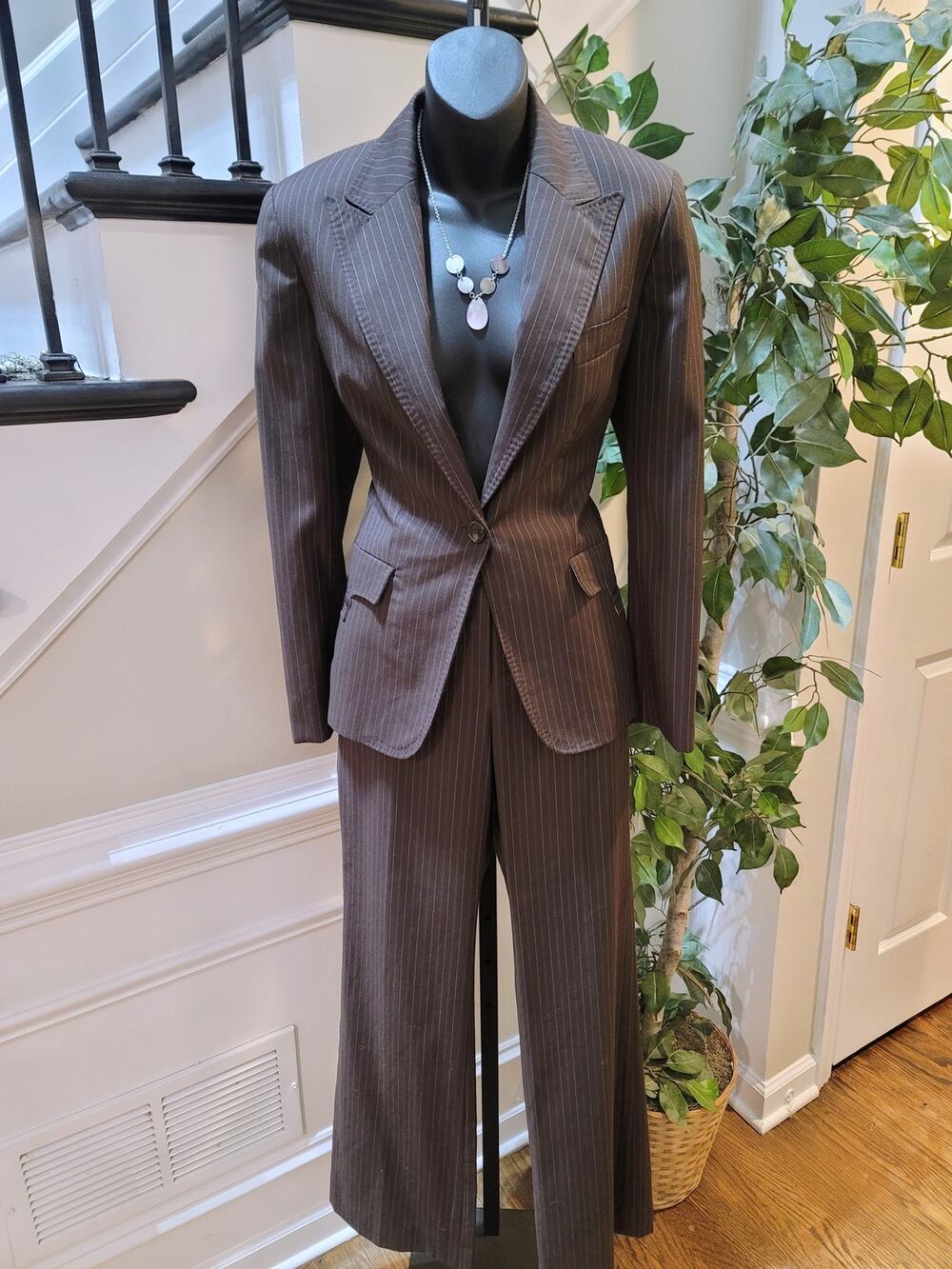 Anne Klein Pant Suit Women SZ 6 Brown Pinstripe Single Button Blazer Welt Pocket